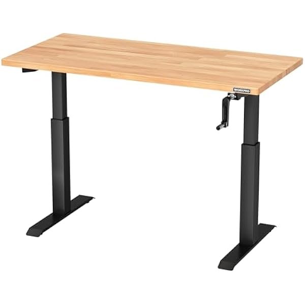  Adjustable Workbench with Crank Handle, 47.2" x 23.6" Rubber Wood Worktable 300LBS Load Capacity,Height-Adjustable Standing Desk for Workshop, Garage