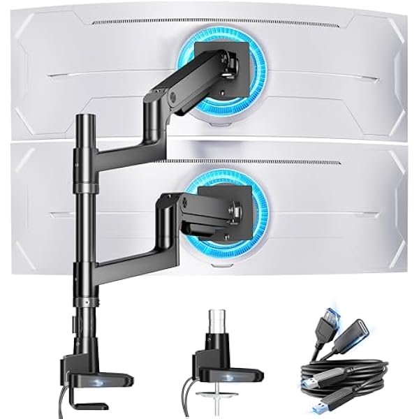  Dual Monitor Stand for Ultrawide Heavy Duty Curved Monitor Stacking, Fits 17-49 Inch, Vertical Gas Spring Double Monitor Mount with USB, Adjustable Dual Monitor Mount for Desk, Black