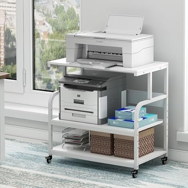 Printer Stand, 32.3" x 18.9" x 32.1" Extra Large Printer Table with Adjustable Storage Shelf, 3 Tier Rolling Printer Cart with Industrial Wheels for Home Office, White