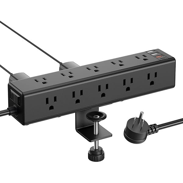  Standing Desk Clamp Power Strip with 15 Outlets, Widely Spaced Desktop Edge Mount Surge Protector Outlet, Fast Charging USB-A and USB-C Ports, 6 FT Flat Plug, Black Fit 1.6 inch Table top.