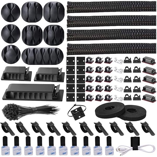  192 PCS Cable Management Kit 4 Wire Organizer Sleeve,11 Cable Holder,35Cord Clips 10+2 Roll Cable Organizer Straps and 100 Fastening Cable Ties for Computer TV Under Desk, black,clear