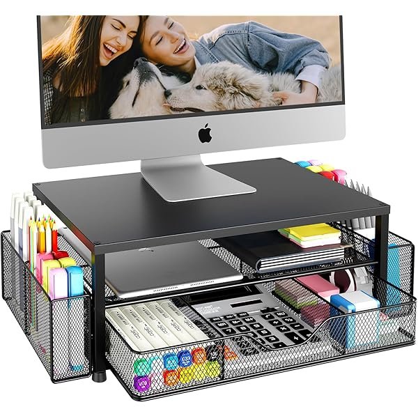 Desk Organizer and Accessories, 2-Tier Computer Monitor Stand Riser with Drawer and 2 Pen Holders, Laptop Stand, Office Desk Accessories for Office Supplies, Black