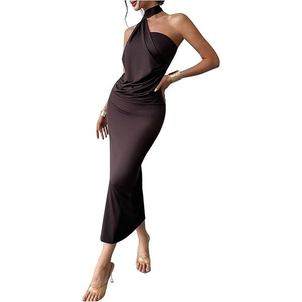 Women's Sleeveless Bodycon Dress One Shoulder Backless Ruched Cocktail Party Evening Long Dresses